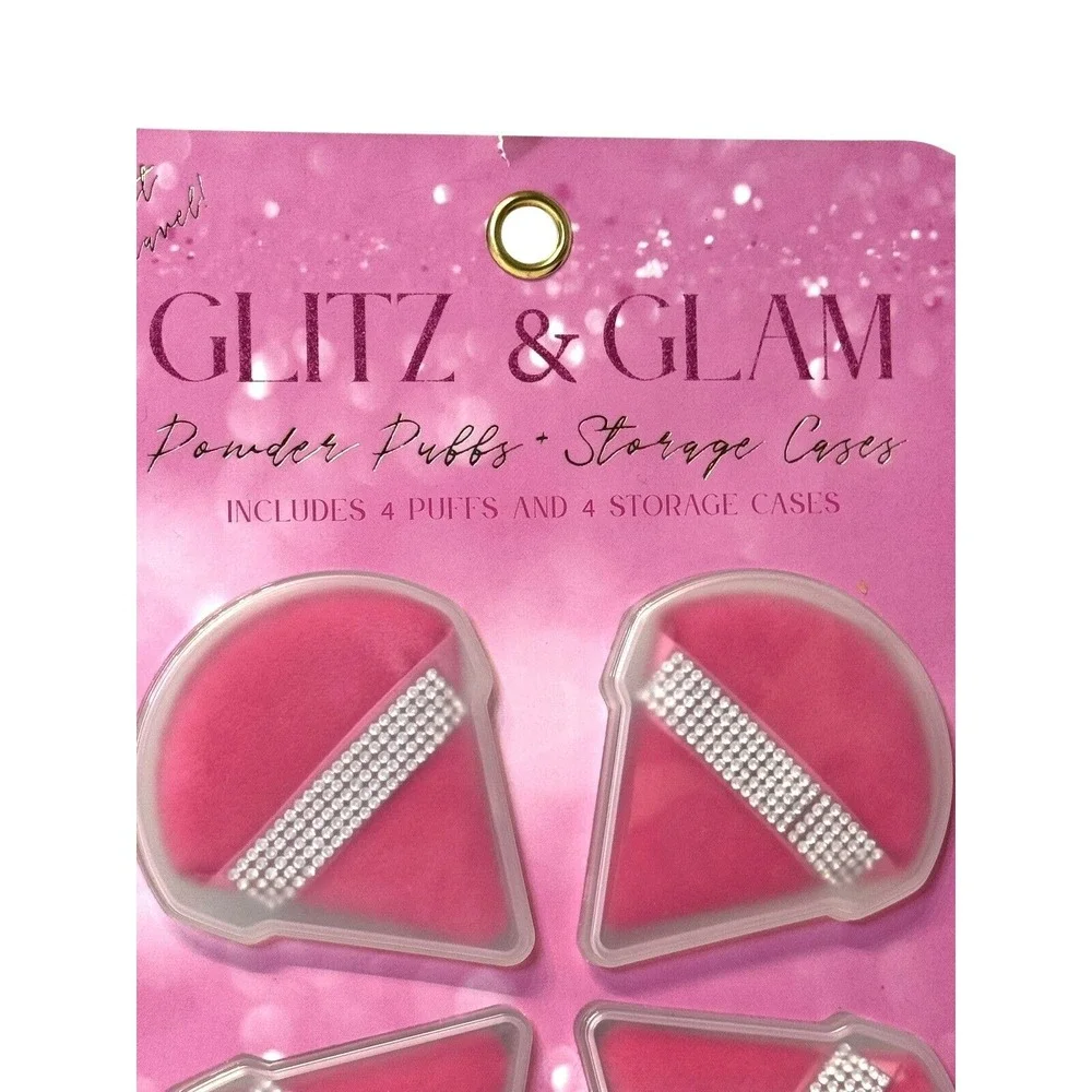 Glitz & Glam Pink Rhinestone Makeup Brush Holder Powder Spinge W/Case 2pc Bundle